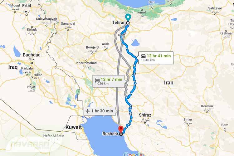 Road trip from Tehran to Bushehr distance