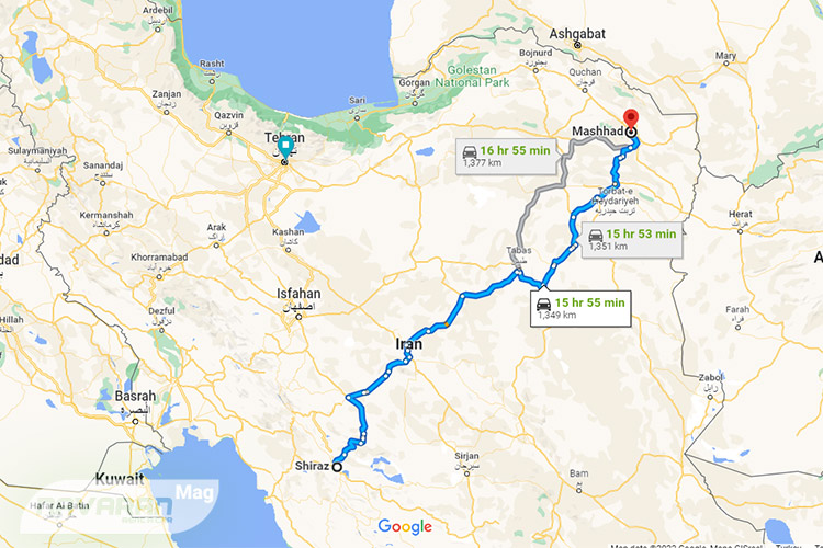 مسافت سفر زمینی شیراز تا مشهد